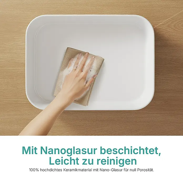 Emke Aufsatzwaschbecken CB29 - 37 x 50,5 cm, Hahnloch: Ohne, Ohne Überlauf, Weiß - Ein Waschbecken wird mit einem Tuch gereinigt, das für Nanoglasur geeignet ist, wodurch es leicht zu reinigen ist.