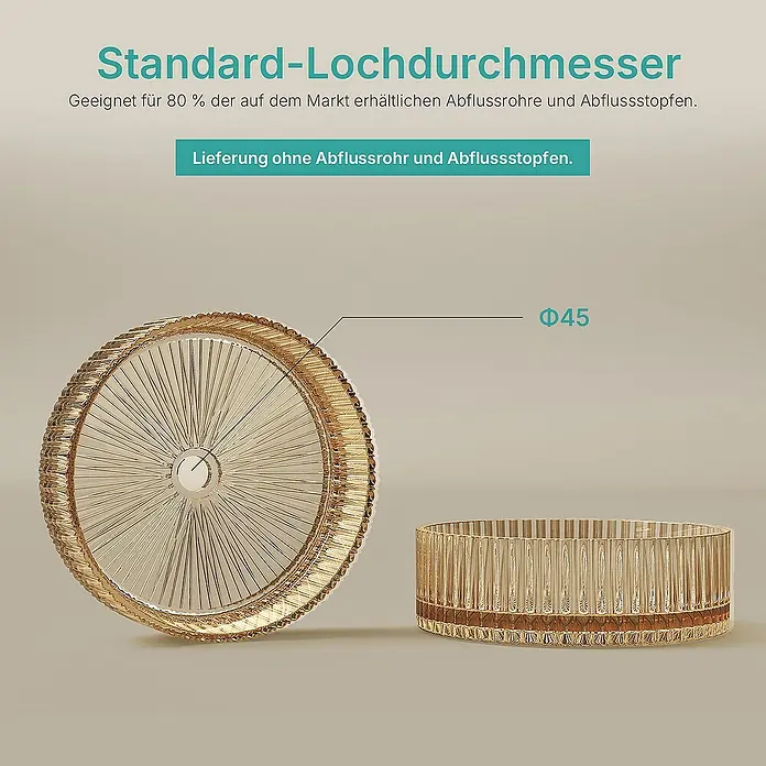 Emke Aufsatzwaschbecken CB32 - 40 x 40 cm, Hahnloch: Ohne, Ohne Überlauf, Roségold - Abgebildet ist ein elegantes Waschbecken-Ablaufset mit dekorativem Design, das Funktionalität mit einem Hauch von Luxus verbindet.
