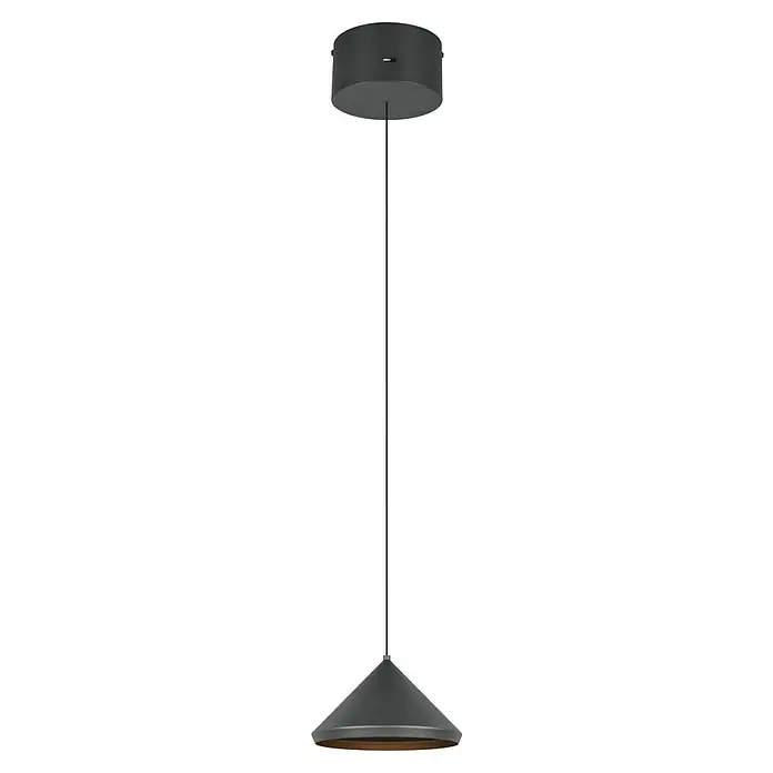 Trio Leuchten Laguna LED-Pendelleuchte - 5 W, B x H: 18 x 200 cm, Schwarz matt, Warmweiß, Anzahl Leuchtmittel: 1 Stk. - Elegante graue Hängelampe mit einem schlichten, kegelförmigen Lampenschirm und einer dezenten Aufhängung, die modernes Design verkörpert.