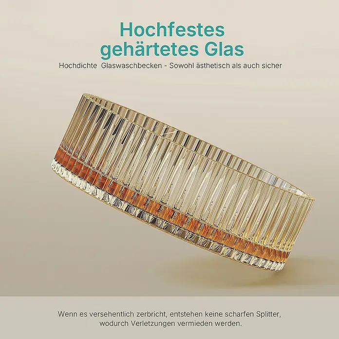 Emke Aufsatzwaschbecken CB32 - 40 x 40 cm, Hahnloch: Ohne, Ohne Überlauf, Roségold - Abbildung einer hochfesten, gehärteten Glas-Waschbecken-Konstruktion, die sowohl ästhetisch ansprechend als auch sicher ist.