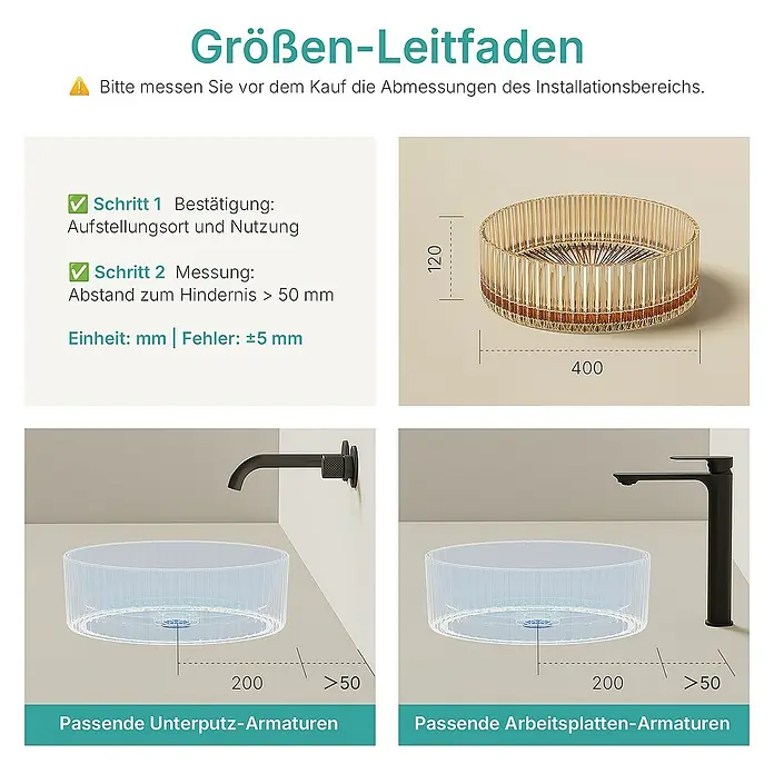 Emke Aufsatzwaschbecken CB32 - 40 x 40 cm, Hahnloch: Ohne, Ohne Überlauf, Roségold - Größen-Leitfaden für ein Waschbecken. Es zeigt die Abmessungen des Waschbeckens und wie viel Platz für die Installation benötigt wird.