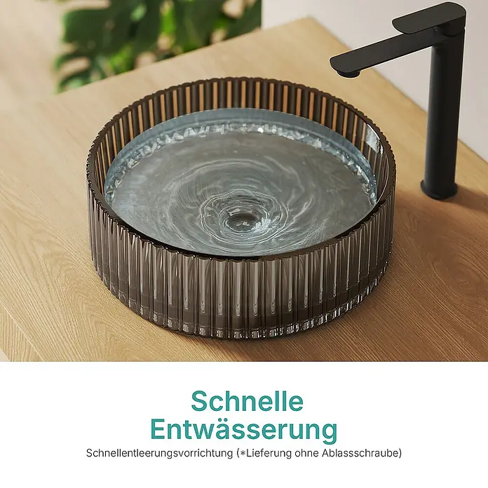 Emke Aufsatzwaschbecken CB32 - 40 x 40 cm, Hahnloch: Ohne, Ohne Überlauf, Schwarz - Elegantes Waschbecken aus Glas mit stilvollem Wasserhahn. Schnelle Entwässerung dank optimierter Vorrichtung für ein sauberes Badezimmer.