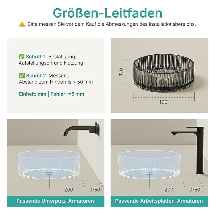 Emke Aufsatzwaschbecken CB32 - 40 x 40 cm, Hahnloch: Ohne, Ohne Überlauf, Schwarz - Größen-Leitfaden für Waschbecken: Beachten Sie die Abmessungen (400x120 mm, Abstand >50 mm), um passende Unterputz- oder Arbeitsplatten-Armaturen zu wählen.