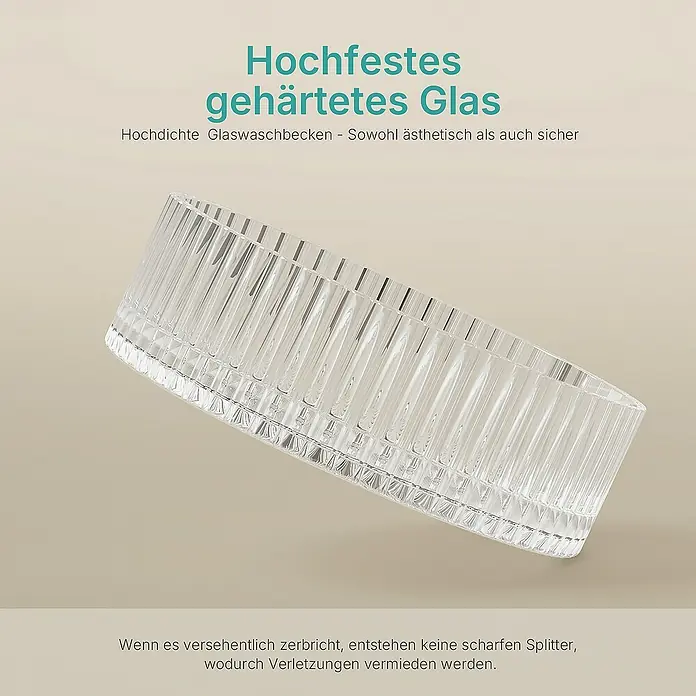 Emke Aufsatzwaschbecken CB32 - 40 x 40 cm, Hahnloch: Ohne, Ohne Überlauf, Klar - Nahaufnahme einer hochfesten, gehärteten Glasschale, die sowohl ästhetisch ansprechend als auch sicher ist.