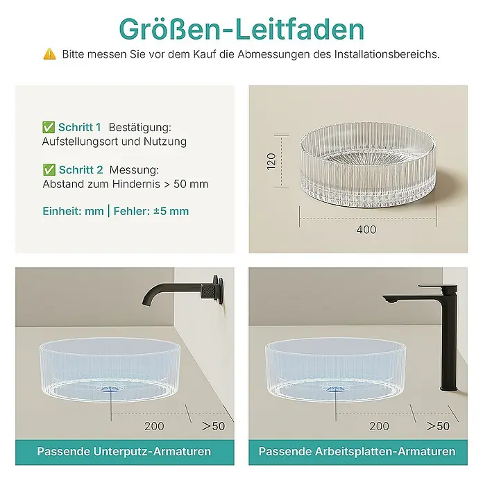 Emke Aufsatzwaschbecken CB32 - 40 x 40 cm, Hahnloch: Ohne, Ohne Überlauf, Klar - Größen-Leitfaden für eine Waschtischplatte aus Glas mit den Maßen 400 x 120 mm und dem erforderlichen Installationsbereich.