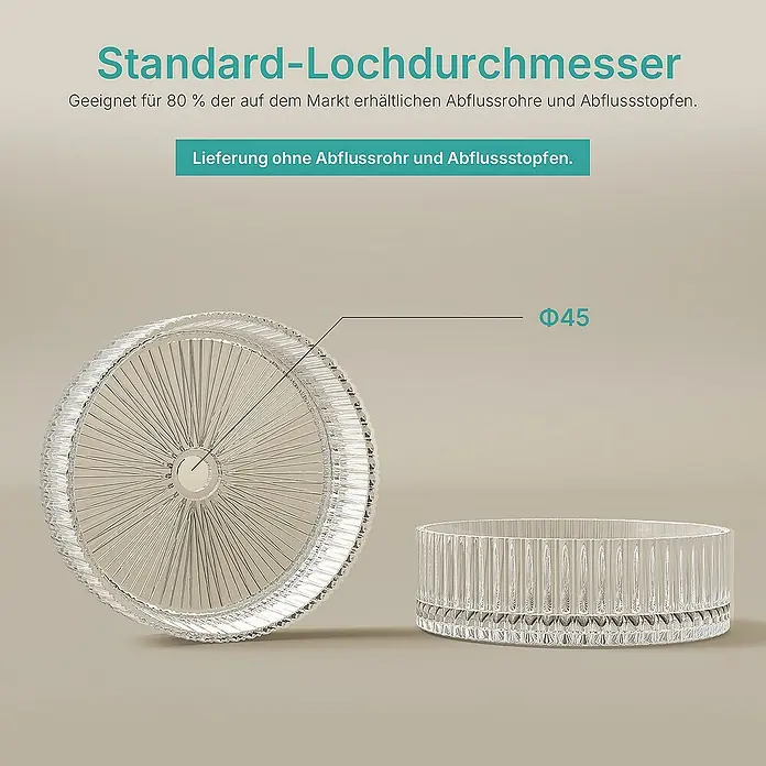 Emke Aufsatzwaschbecken CB32 - 40 x 40 cm, Hahnloch: Ohne, Ohne Überlauf, Klar - Abbildung eines transparenten Abflussstopfens mit einem Standard-Lochdurchmesser von 45 mm, geeignet für die meisten Abflussrohre.