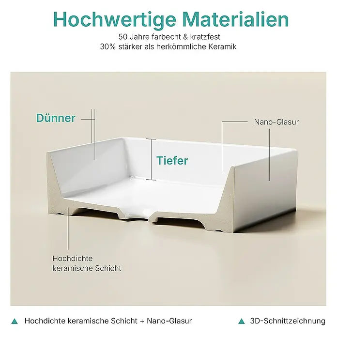 Emke Aufsatzwaschbecken CB29 - 37,3 x 51 cm, Hahnloch: Ohne, Ohne Überlauf, Weiß - Detailaufnahme eines Keramikprodukts, das die Eigenschaften der Materialqualität hervorhebt: dünner, tiefer, Nano-Glasur und hochdichte Keramikschicht.