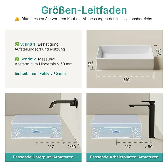 Emke Aufsatzwaschbecken CB29 - 37,3 x 51 cm, Hahnloch: Ohne, Ohne Überlauf, Weiß - Größen-Leitfaden für ein rechteckiges Waschbecken mit den Maßen 510 x 373 x 110 mm und Installationshinweisen für Armaturen.