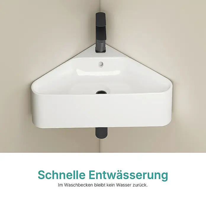 Emke Eckwaschbecken CB25 - 43 x 43 cm, Hahnloch: Sonstige, Mit Überlauf, Weiß - Eckwaschbecken mit schlankem, schwarzem Wasserhahn. Schnelle Entwässerung, kein Wasser bleibt im Waschbecken zurück.