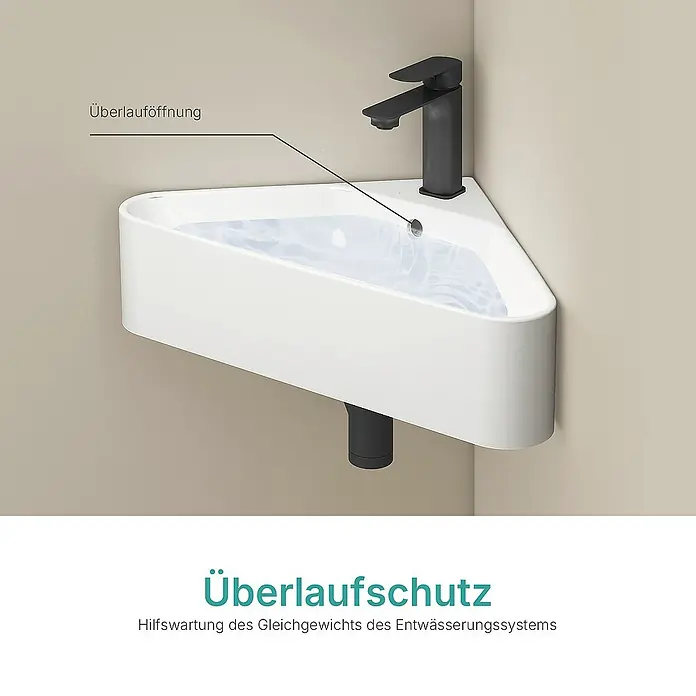 Emke Eckwaschbecken CB25 - 43 x 43 cm, Hahnloch: Sonstige, Mit Überlauf, Weiß - Eckwaschbecken mit Überlauföffnung und stilvollem, schwarzem Wasserhahn. Das Design ist modern und platzsparend für kleine Badezimmer.