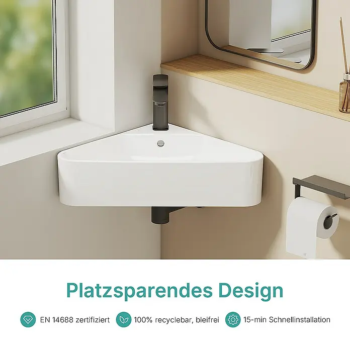 Emke Eckwaschbecken CB25 - 43 x 43 cm, Hahnloch: Sonstige, Mit Überlauf, Weiß - Eckwaschbecken in Weiß mit modernem, dunklem Wasserhahn. Platzsparendes Design mit Zertifizierungen und schneller Installation.