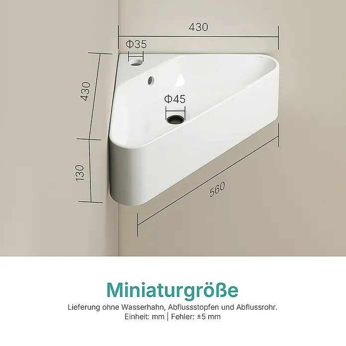 Emke Eckwaschbecken CB25 - 43 x 43 cm, Hahnloch: Sonstige, Mit Überlauf, Weiß - Eckwaschbecken mit Maßen: 430 x 430 x 560 mm. Durchmesser der Löcher: 35 mm und 45 mm. Die ideale Lösung für kleine Räume.