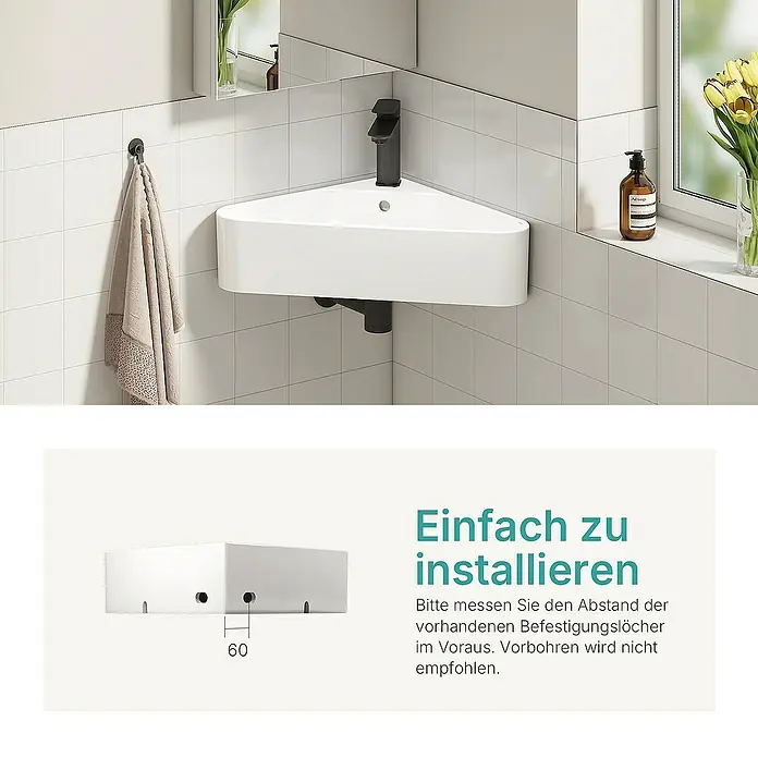 Emke Eckwaschbecken CB25 - 43 x 43 cm, Hahnloch: Sonstige, Mit Überlauf, Weiß - Eckwaschbecken mit Armatur und Installationsanleitung. Das Waschbecken ist weiß und die Armatur ist schwarz.