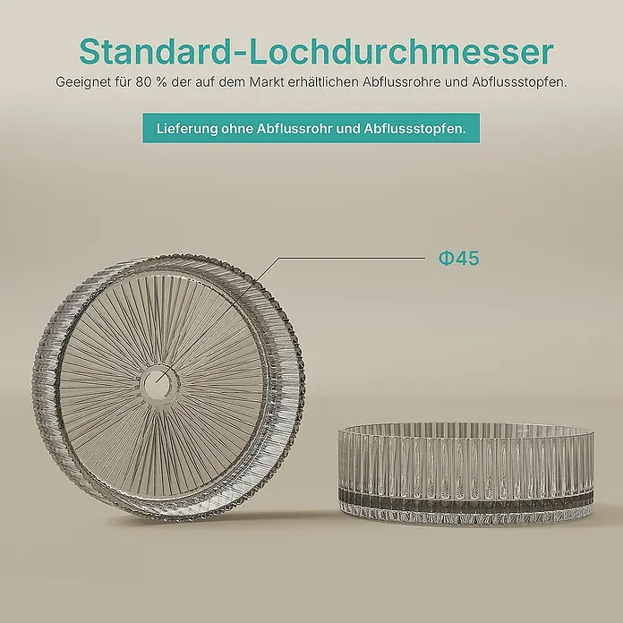 Emke Aufsatzwaschbecken CB32 - 40 x 40 cm, Hahnloch: Ohne, Ohne Überlauf, Grau - Produktbild: Ein Waschbeckenstöpsel mit einem Standard-Lochdurchmesser von 45 mm. Lieferung ohne Abflussrohr und Abflussstopfen.
