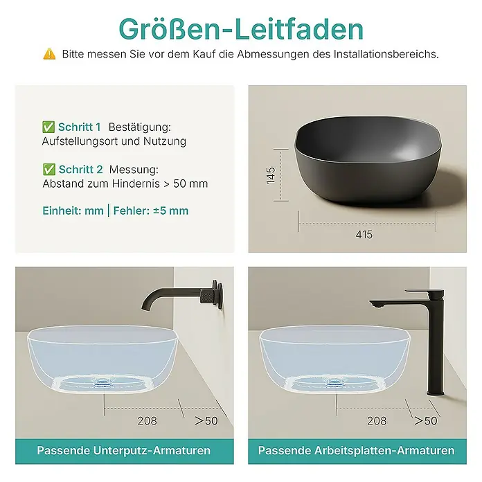 Emke Aufsatzwaschbecken CB20 - 41,5 x 41,5 cm, Hahnloch: Ohne, Ohne Überlauf, Schwarz - Größenleitfaden für Waschbecken: Abmessungen (415 x 145 mm), Abstand > 50 mm für Unterputz- und Arbeitsplatten-Armaturen beachten.