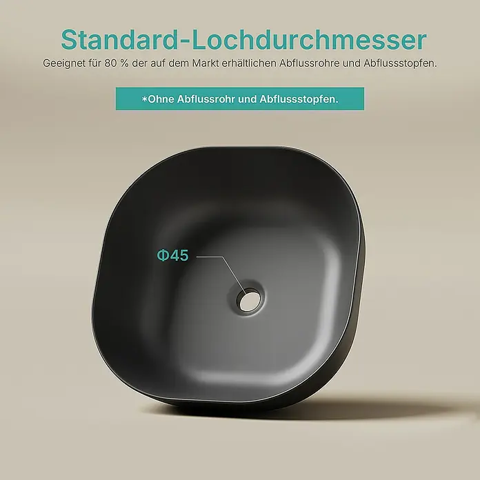 Emke Aufsatzwaschbecken CB20 - 41,5 x 41,5 cm, Hahnloch: Ohne, Ohne Überlauf, Schwarz - Bild einer modernen, mattschwarzen Aufsatzwaschbecken mit einem Standard-Lochdurchmesser von 45mm. Ideal für die meisten Abflussrohre.
