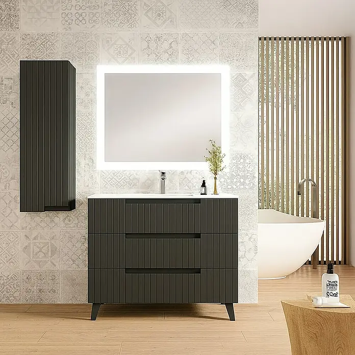 Mueble bajo de lavabo Claire - L x An x Al: 45 x 120 x 50 cm, Negro, 1 seno, empotrado, salida central, Número de cajones: 3 ud. - Elegante conjunto de baño con mueble de lavabo gris y espejo iluminado para un espacio elegante y funcional.