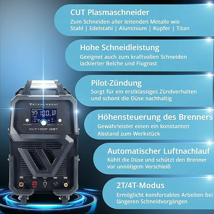 STAHLWERK Plasmaschneider CUT 100 P Digital 100 A mit Pilot-Zündung Vollausstattung - Schweißstrom: 100 A, 400 V - 400 V - Produktabbildung des STAHLWERK CUT-100P IGBT Plasmaschneiders mit Details zu Funktionen und Vorteilen.