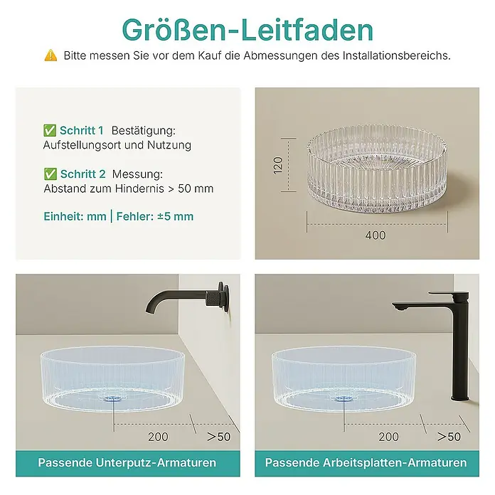 Emke Aufsatzwaschbecken CB32 - 40 x 40 cm, Hahnloch: Ohne, Ohne Überlauf, Klar - Größen-Leitfaden für ein klares rundes Waschbecken: Messanleitung mit Abmessungen für die Installation, passend für Unterputz- oder Arbeitsplatten-Armaturen.