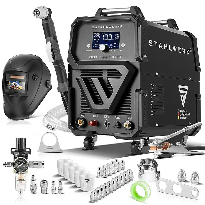 STAHLWERK Plasmaschneider CUT 100 P Digital 100 A mit Pilot-Zündung Vollausstattung - Schweißstrom: 100 A, 400 V - 400 V - Das STAHLWERK CUT-100P IGBT Plasmaschneidgerät mit Zubehör, ideal für professionelle Schneidanwendungen.