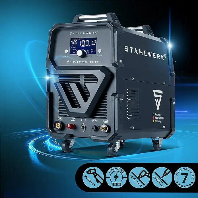 STAHLWERK Plasmaschneider CUT 100 P Digital 100 A mit Pilot-Zündung Vollausstattung - Schweißstrom: 100 A, 400 V - 400 V - Abbildung eines STAHLWERK CUT-100P IGBT Plasmaschneiders mit technischen Details und Garantiehinweisen.