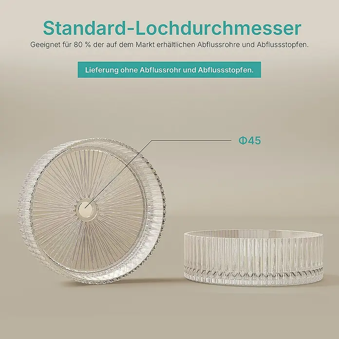 Emke Aufsatzwaschbecken CB32 - 40 x 40 cm, Hahnloch: Ohne, Ohne Überlauf, Klar - Ein transparentes Sieb für Spüle und Waschbecken mit Standard-Lochdurchmesser von 45 mm für Abflussrohre und -stopfen.