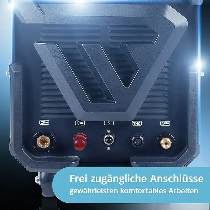 STAHLWERK Plasmaschneider CUT 100 P Digital 100 A mit Pilot-Zündung Vollausstattung - Schweißstrom: 100 A, 400 V - 400 V - Ein genauer Blick auf die Rückseite eines plasmareichen Geräts, das für einfache Verbindungen und komfortables Arbeiten ausgelegt ist.