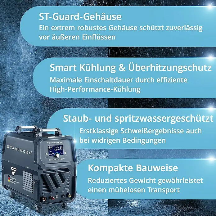STAHLWERK Plasmaschneider CUT 100 P Digital 100 A mit Pilot-Zündung Vollausstattung - Schweißstrom: 100 A, 400 V - 400 V - STAHLWERK CUT-100P IGBT Plasmaschneider mit robustem Gehäuse, intelligenter Kühlung, Staub- und Spritzwasserschutz und kompakter Bauweise für einfachen Transport.