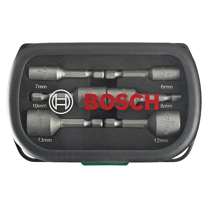 Bosch Steckschlüssel-Set - 6 -tlg. - Ein Set Bosch Steckschlüssel-Bits in einer schwarzen Aufbewahrungsbox mit Größen von 6 mm bis 13 mm für verschiedene Schraubanwendungen.