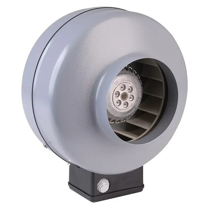 Air-Circle Rohrradialventilator - Silber, 10 cm, Luftleistung: 250 m³/h - Ein spiralförmiger Kanalventilator in Grau, der für eine optimale Belüftung in verschiedenen Umgebungen sorgt.
