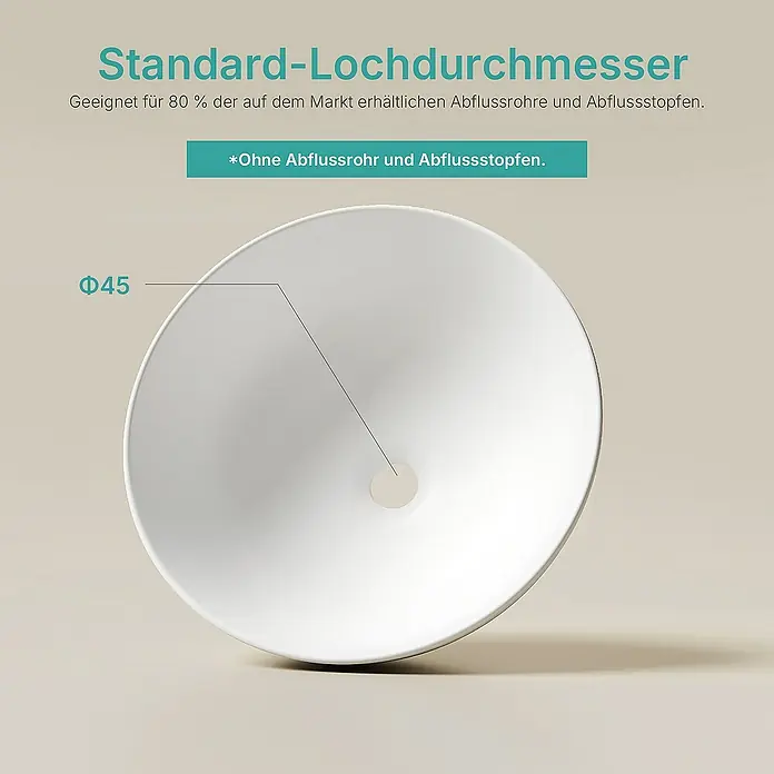 Emke Aufsatzwaschbecken CB30 - 41 x 41 cm, Hahnloch: Ohne, Ohne Überlauf, Weiß - Produktbild eines Waschbeckenablaufs mit einem Standard-Lochdurchmesser von 45 mm, geeignet für die meisten Abflussrohre und -stopfen.