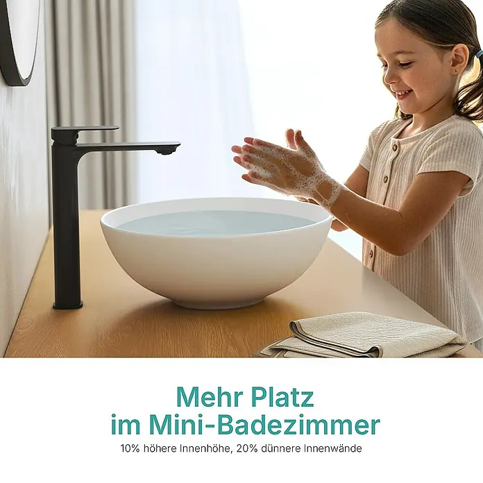 Emke Aufsatzwaschbecken CB30 - 41 x 41 cm, Hahnloch: Ohne, Ohne Überlauf, Weiß - Elegantes Waschbecken mit Armatur und ein Kind, das sich die Hände wäscht, um mehr Platz im Mini-Badezimmer zu schaffen.