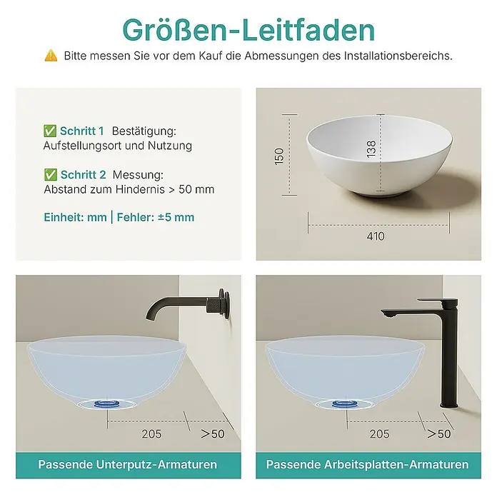Emke Aufsatzwaschbecken CB30 - 41 x 41 cm, Hahnloch: Ohne, Ohne Überlauf, Weiß - Größen-Leitfaden für Waschbecken mit Maßangaben, Installationshinweisen und Montagearten für Unterputz- und Arbeitsplatten-Armaturen.