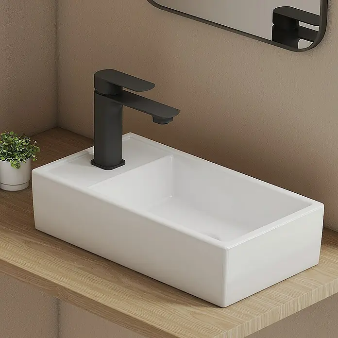 Emke Aufsatzwaschbecken CB24 - 22,3 x 41,6 cm, Hahnloch: Sonstige, Ohne Überlauf, Weiß - Elegantes rechteckiges Waschbecken in Weiß mit einer stilvollen schwarzen Armatur, perfekt für moderne Badezimmerdesigns.