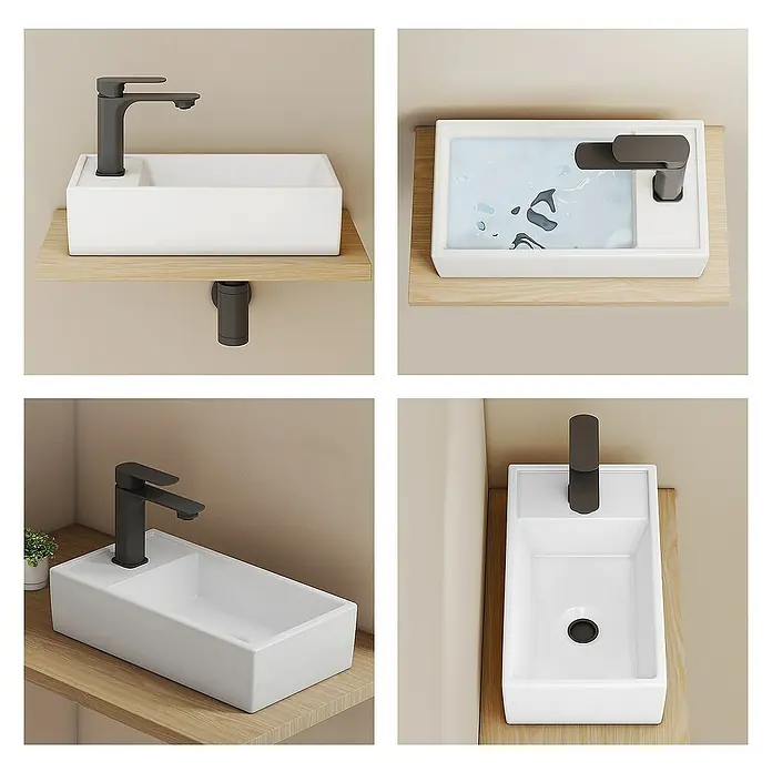 Emke Aufsatzwaschbecken CB24 - 22,3 x 41,6 cm, Hahnloch: Sonstige, Ohne Überlauf, Weiß - Verschiedene Ansichten eines modernen, rechteckigen Aufsatzwaschbeckens mit Armatur, montiert auf einem hellen Holzregal.