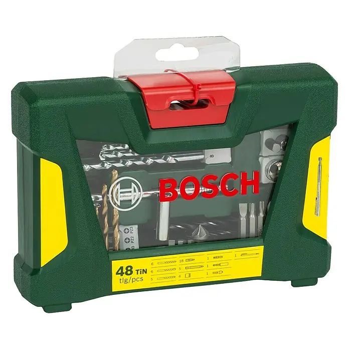 Bosch Bohrer-Set - 42 -tlg. - Bosch 48-teiliges TiN-Bohrerset in grüner Box mit gelben Akzenten und rotem Griff für Heimwerker und Profis.