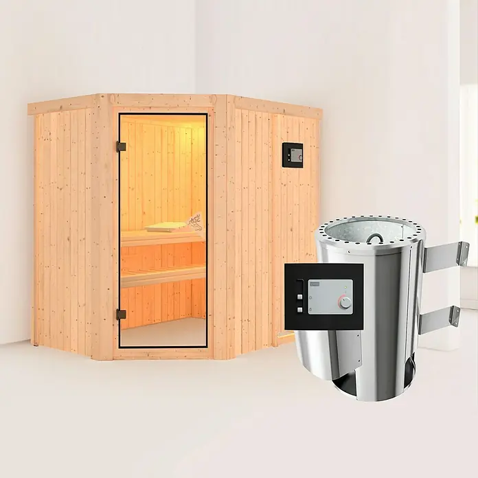 Karibu Massivholzsauna Saja - Mit 3,6 kW Ofen mit externer Steuerung, Ohne Dachkranz, L x B x H: 151 x 196 x 192 cm - Sauna mit Tür, Holzwänden und Steuergerät für ein entspannendes Saunaerlebnis.