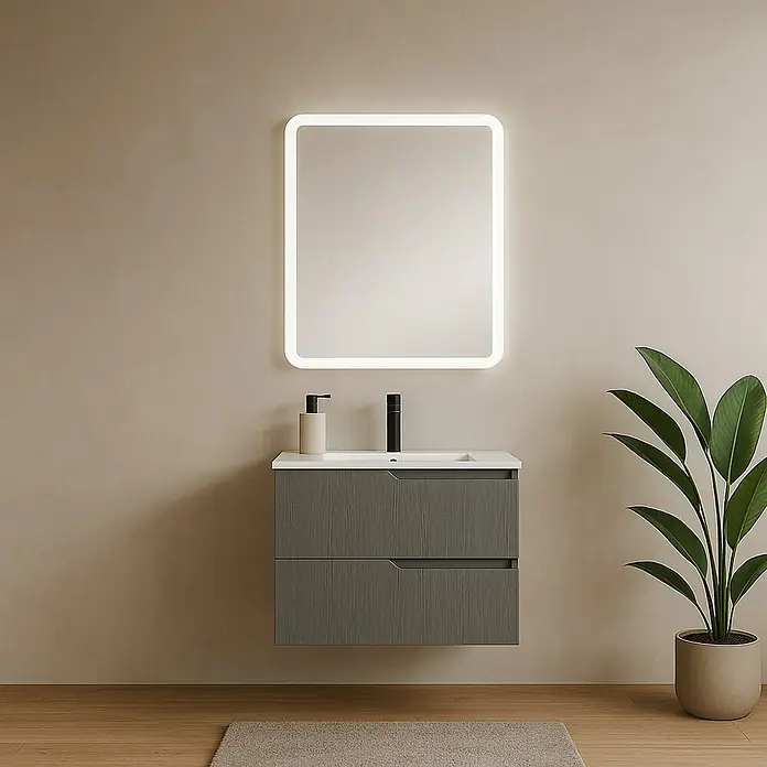 Mueble bajo de lavabo Claire - L x An x Al: 45 x 60 x 50 cm, Gris, 1 seno, salida central, Número de cajones: 2 ud. - Elegante conjunto de baño con mueble bajo de aspecto de madera, lavabo moderno y espejo iluminado para toques de estilo.