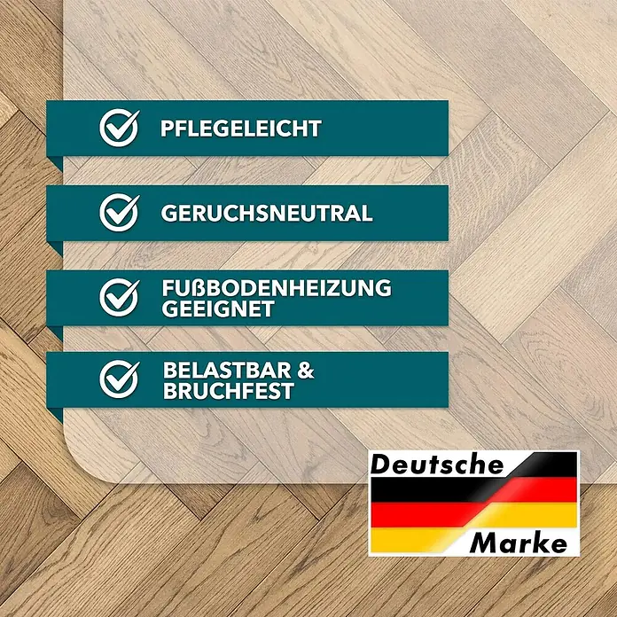 Fußbodenschutzmatte - 120 x 114 cm, Transparent, Kunststoff, Rechteckig, Stuhlrollenfest - Das Bild zeigt ein Musterbeispiel für einen Laminatbodenbelag mit Hinweisen auf Eigenschaften wie Pflegeleichtigkeit und Fußbodenheizungseignung.