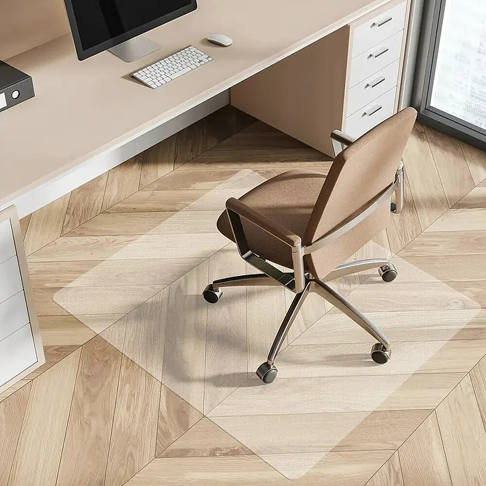 Fußbodenschutzmatte - 120 x 114 cm, Transparent, Kunststoff, Rechteckig, Stuhlrollenfest - Büroarbeitsplatz mit ergonomischem Stuhl auf einer transparenten Bodenschutzmatte, die den Holzboden vor Beschädigungen schützt.