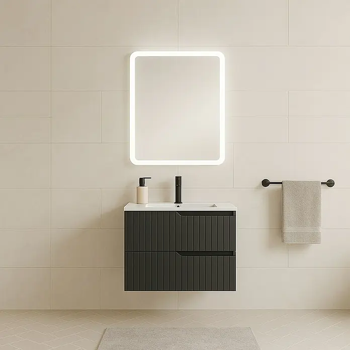 Mueble bajo de lavabo Claire - L x An x Al: 45 x 60 x 50 cm, Antracita, 1 seno, salida central, Número de cajones: 2 ud. - Elegante mueble de baño con espejo LED para un ambiente moderno. El toque gris aporta serenidad y estilo minimalista.