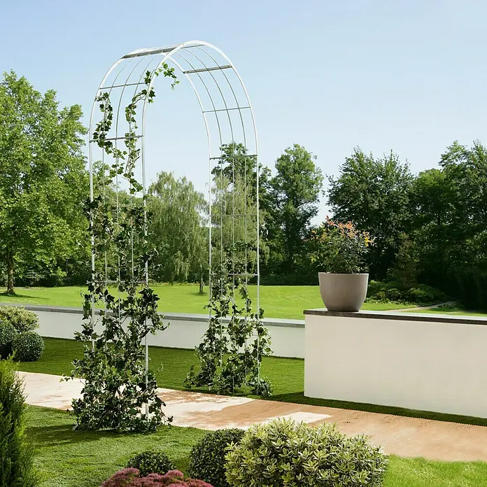 Gardol Rosenbogen - Silber, 40 x 140 x 266 cm - Das Bild zeigt einen eleganten Rosenbogen, der mit Kletterpflanzen geschmückt ist und einen idyllischen Gartenweg rahmt. Ein dekoratives Gartenelement.
