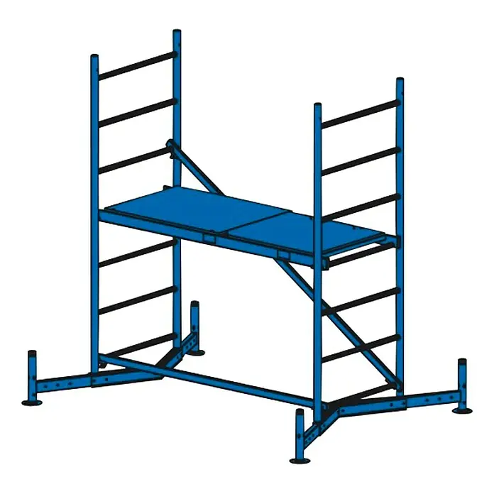 Krause ClimTec Andamio móvil - Altura de trabajo: 3 m - Esta imagen muestra un andamio modular azul con dos niveles y marcos robustos. Ideal para trabajar de forma segura en altura.
