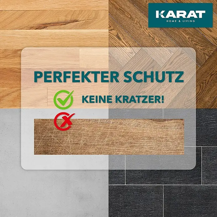 Fußbodenschutzmatte - 120 x 114 cm, Transparent, Kunststoff, Rechteckig, Stuhlrollenfest - Das Bild zeigt das Produkt KARAT HOME & LIVING mit perfektem Schutz und ohne Kratzer im Vergleich zu einem zerkratzten Boden.