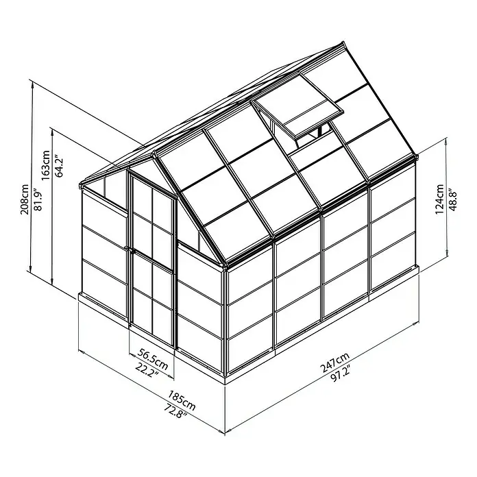 Palram – Canopia Invernadero Harmony - Medidas ext. (An x Pr): 185 x 247 cm, Plateado, Área: 4,6 m² - Vista detallada de un invernadero con ventanas de vidrio y ventana de tejado para el jardín.