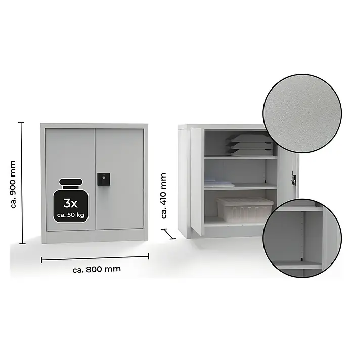 Regalux Metall-Mehrzweckschrank - H x B x T: 90 x 80 x 41 cm, Grau, Anzahl Böden: 1 Stk. - Abbildung eines Büroschranks in Grau mit den Maßen ca. 900 x 800 x 410 mm und einer Traglast von 3x ca. 50 kg.
