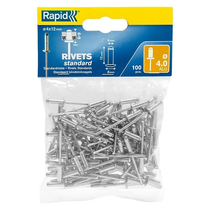 Rapid Blindniete - Nietlänge: 12 mm, Nietdurchmesser: 4 mm, 100 Stk. - Eine Packung Rapid Standard Blindnieten (Ø4x12mm) mit 100 Stück, ideal für verschiedene Anwendungen.
