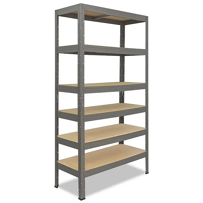 shelfplaza Schwerlastregal PRO - H x B x T: 230 x 90 x 30 cm, Traglast pro Boden: 200 kg, Stecken, grau - Ein graues, freistehendes Regal mit fünf Ebenen aus Holz, ideal für zusätzlichen Stauraum in Werkstatt oder Garage.