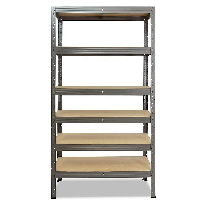shelfplaza Schwerlastregal PRO - H x B x T: 230 x 90 x 30 cm, Traglast pro Boden: 200 kg, Stecken, grau - Ein graues Regal mit fünf Regalböden aus Holz, ideal für die Lagerung. Das Regal ist stabil und vielseitig einsetzbar.