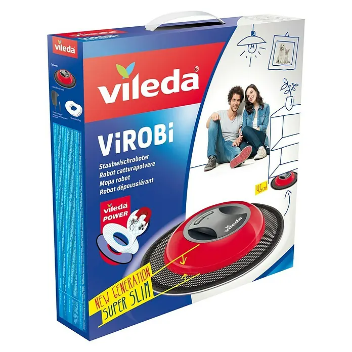 Vileda ViROBi Saugroboter Slim - Schwarz/Rot, Akkulaufzeit: 240 min, Li-Ionen - Verpackung des Vileda ViROBi Staubwischroboters, ein schlanker, leistungsstarker Reinigungshelfer für mühelose Staubentfernung.